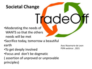 •Moderating the needs of
WANTS so that the others
needs will be met
•Sacrifice today, tomorrow a beautiful
earth
•To get deeply involved
•Focus and don’t be dogmatic
( assertion of unproved or unprovable
principles)
Asec Rosemarie de Leon
PSPA webinar , 2021
Societal Change
 