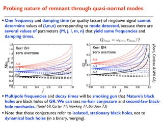 Q`mn = !`mn ⌧`mn/2
(Berti,Cardoso&Will06)
zero overtone
Kerr BH
zero overtone
Kerr BH
Probing nature of remnant through quasi-normal modes
•One frequency and damping time (or quality factor) of ringdown signal cannot
determine values of (l,m,n) corresponding to mode detected, because there are
several values of parameters (M, j, l, m, n) that yield same frequencies and
damping times.
•Multipole frequencies and decay times will be smoking gun that Nature’s black
holes are black holes of GR. We can test no-hair conjecture and second-law black-
hole mechanics. (Israel 69, Carter 71; Hawking 71, Bardeen 73)
•Note that those conjectures refer to isolated, stationary black holes, not to
dynamical back holes (in a binary, merging).
 