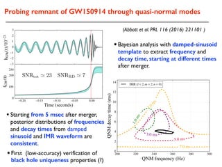 Probing remnant of GW150914 through quasi-normal modes
(Abbott et al. PRL 116 (2016) 221101 )
• Bayesian analysis with damped-sinusoid
template to extract frequency and
decay time, starting at different times
after merger.
200 220 240 260 280 300
QNM frequency (Hz)
0
2
4
6
8
10
12
14
QNMdecaytime(ms)
1.0ms
3.0 ms
5.0 ms
7.0 ms7.0
m
s
IMR (l = 2,m = 2,n = 0)
• Starting from 5 msec after merger,
posterior distributions of frequencies
and decay times from damped
sinusoid and IMR waveform are
consistent.
•First (low-accuracy) veriﬁcation of
black hole uniqueness properties (?)
SNRtot ' 23 SNRRD ' 7
 