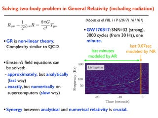•GR is non-linear theory.
Complexity similar to QCD.
- approximately, but analytically
(fast way)
- exactly, but numerically on
supercomputers (slow way)
•Einstein’s ﬁeld equations can
be solved:
•Synergy between analytical and numerical relativity is crucial.
•GW170817: SNR=32 (strong),
3000 cycles (from 30 Hz), one
minute.
last 0.07sec
modeled by NRlast minutes
modeled by AR
(Abbott et al. PRL 119 (2017) 161101)
Solving two-body problem in General Relativity (including radiation)
 