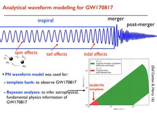 mergerinspiral
post-merger
•PN waveform model was used for:
- template bank: to observe GW170817
- Bayesian analyses: to infer astrophysical,
fundamental physics information of
GW170817
Analytical waveform modeling for GW170817
(DalCanton&Harry16)
50,000 PN
templates
tail effects tidal effectsspin effects
 