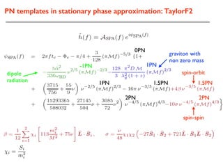 PN templates in stationary phase approximation: TaylorF2
i =
Si
m2
i
1PN 1.5PN
2PN
spin-orbit
1.5PN
spin-spin
2PN
0PN
graviton with
non zero mass
1PN
dipole
radiation
-1PN
 
