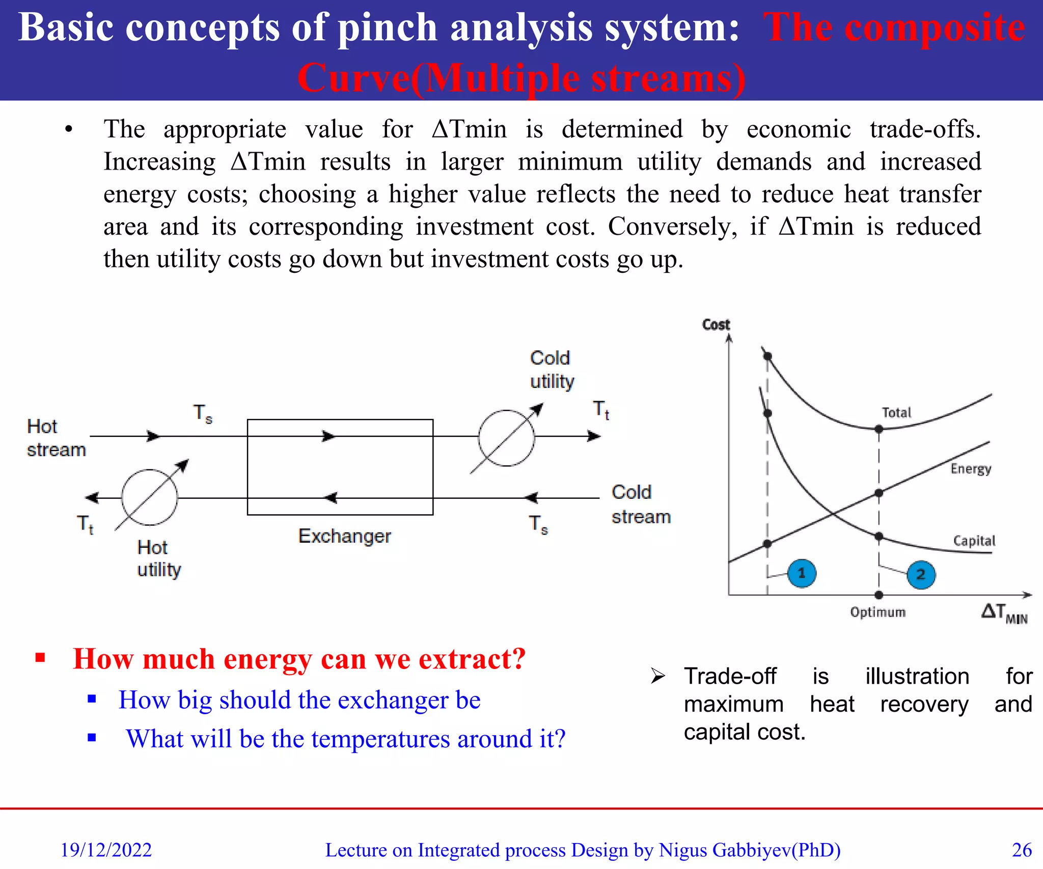 Basic concepts of pinch analysis system: The composite
Curve(Multiple streams)
• The appropriate value for ΔTmin is determined by economic trade-offs.
Increasing ΔTmin results in larger minimum utility demands and increased
energy costs; choosing a higher value reflects the need to reduce heat transfer
area and its corresponding investment cost. Conversely, if ΔTmin is reduced
then utility costs go down but investment costs go up.
19/12/2022 Lecture on Integrated process Design by Nigus Gabbiyev(PhD) 26
➢ Trade-off is illustration for
maximum heat recovery and
capital cost.
▪ How much energy can we extract?
▪ How big should the exchanger be
▪ What will be the temperatures around it?
 