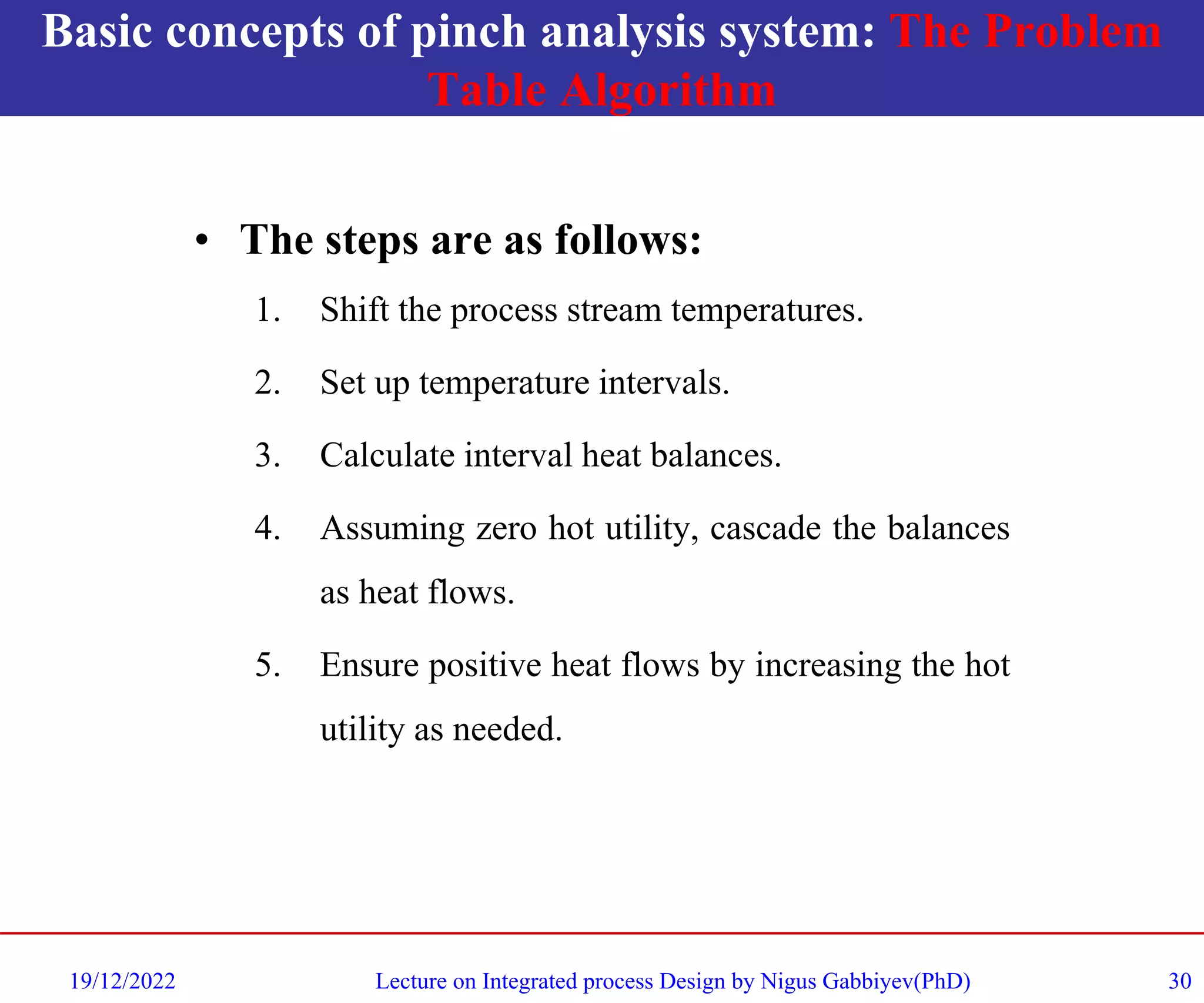 Basic concepts of pinch analysis system: The Problem
Table Algorithm
• The steps are as follows:
1. Shift the process stream temperatures.
2. Set up temperature intervals.
3. Calculate interval heat balances.
4. Assuming zero hot utility, cascade the balances
as heat flows.
5. Ensure positive heat flows by increasing the hot
utility as needed.
19/12/2022 Lecture on Integrated process Design by Nigus Gabbiyev(PhD) 30
 