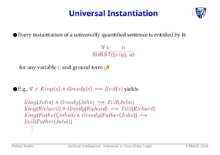 5
Universal Instantiation
●Every instantiation of a universally quantified sentence is entailed by it:
∀ v α
SUBST({v/g}, α)
for any variable v and ground term g
●E.g., ∀ x King(x) ∧ Greedy(x) =⇒ Evil(x) yields
King(John) ∧ Greedy(John) =⇒ Evil(John)
King(Richard) ∧ Greedy(Richard) =⇒ Evil(Richard)
King(Father(John)) ∧ Greedy(Father(John)) =⇒
Evil(Father(John))
⋮
Philipp Koehn Artificial Intelligence: Inference in First-Order Logic 5 March 2024
 