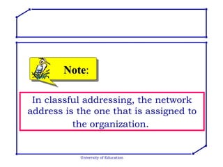 University of Education In classful addressing, the network address is the one that is assigned to the organization.   Note : 