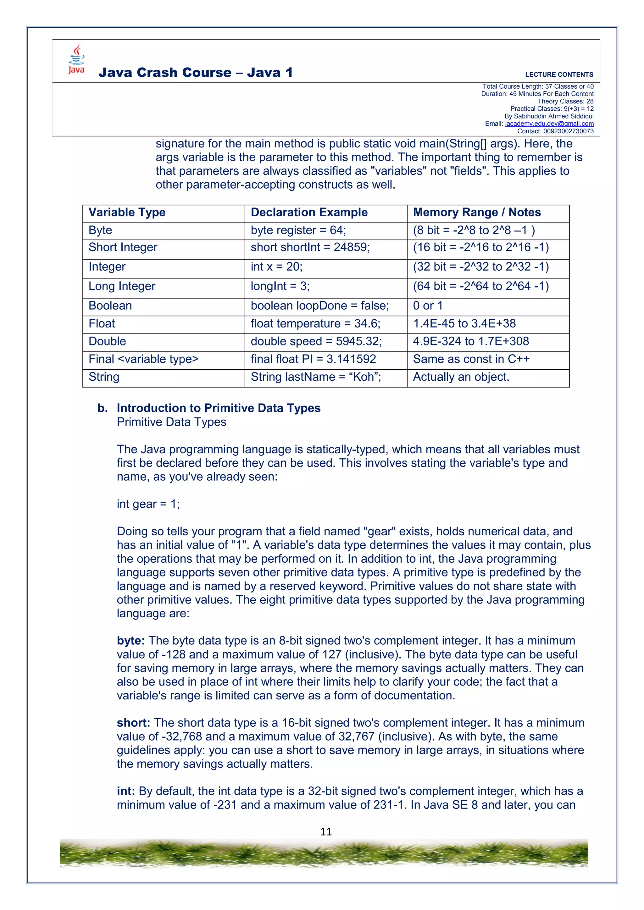 Java Crash Course – Java 1 LECTURE CONTENTS
Total Course Length: 37 Classes or 40
Duration: 45 Minutes For Each Content
Theory Classes: 28
Practical Classes: 9(+3) = 12
By Sabihuddin Ahmed Siddiqui
Email: jacademy.edu.dev@gmail.com
Contact: 00923002730073
11
signature for the main method is public static void main(String[] args). Here, the
args variable is the parameter to this method. The important thing to remember is
that parameters are always classified as "variables" not "fields". This applies to
other parameter-accepting constructs as well.
Variable Type Declaration Example Memory Range / Notes
Byte byte register = 64; (8 bit = -2^8 to 2^8 –1 )
Short Integer short shortInt = 24859; (16 bit = -2^16 to 2^16 -1)
Integer int x = 20; (32 bit = -2^32 to 2^32 -1)
Long Integer longInt = 3; (64 bit = -2^64 to 2^64 -1)
Boolean boolean loopDone = false; 0 or 1
Float float temperature = 34.6; 1.4E-45 to 3.4E+38
Double double speed = 5945.32; 4.9E-324 to 1.7E+308
Final <variable type> final float PI = 3.141592 Same as const in C++
String String lastName = “Koh”; Actually an object.
b. Introduction to Primitive Data Types
Primitive Data Types
The Java programming language is statically-typed, which means that all variables must
first be declared before they can be used. This involves stating the variable's type and
name, as you've already seen:
int gear = 1;
Doing so tells your program that a field named "gear" exists, holds numerical data, and
has an initial value of "1". A variable's data type determines the values it may contain, plus
the operations that may be performed on it. In addition to int, the Java programming
language supports seven other primitive data types. A primitive type is predefined by the
language and is named by a reserved keyword. Primitive values do not share state with
other primitive values. The eight primitive data types supported by the Java programming
language are:
byte: The byte data type is an 8-bit signed two's complement integer. It has a minimum
value of -128 and a maximum value of 127 (inclusive). The byte data type can be useful
for saving memory in large arrays, where the memory savings actually matters. They can
also be used in place of int where their limits help to clarify your code; the fact that a
variable's range is limited can serve as a form of documentation.
short: The short data type is a 16-bit signed two's complement integer. It has a minimum
value of -32,768 and a maximum value of 32,767 (inclusive). As with byte, the same
guidelines apply: you can use a short to save memory in large arrays, in situations where
the memory savings actually matters.
int: By default, the int data type is a 32-bit signed two's complement integer, which has a
minimum value of -231 and a maximum value of 231-1. In Java SE 8 and later, you can
 