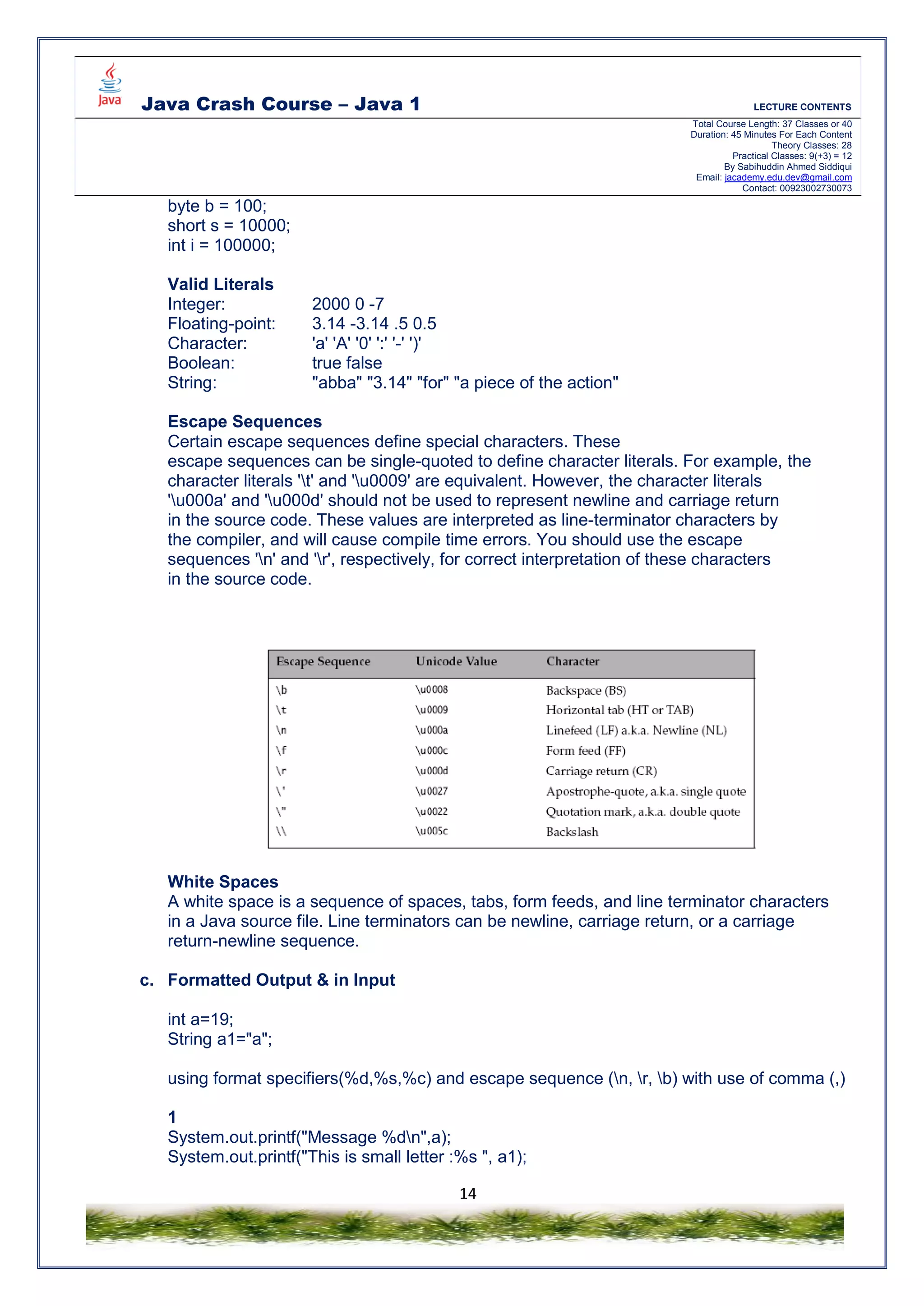 Java Crash Course – Java 1 LECTURE CONTENTS
Total Course Length: 37 Classes or 40
Duration: 45 Minutes For Each Content
Theory Classes: 28
Practical Classes: 9(+3) = 12
By Sabihuddin Ahmed Siddiqui
Email: jacademy.edu.dev@gmail.com
Contact: 00923002730073
14
byte b = 100;
short s = 10000;
int i = 100000;
Valid Literals
Integer: 2000 0 -7
Floating-point: 3.14 -3.14 .5 0.5
Character: 'a' 'A' '0' ':' '-' ')'
Boolean: true false
String: "abba" "3.14" "for" "a piece of the action"
Escape Sequences
Certain escape sequences define special characters. These
escape sequences can be single-quoted to define character literals. For example, the
character literals 't' and 'u0009' are equivalent. However, the character literals
'u000a' and 'u000d' should not be used to represent newline and carriage return
in the source code. These values are interpreted as line-terminator characters by
the compiler, and will cause compile time errors. You should use the escape
sequences 'n' and 'r', respectively, for correct interpretation of these characters
in the source code.
White Spaces
A white space is a sequence of spaces, tabs, form feeds, and line terminator characters
in a Java source file. Line terminators can be newline, carriage return, or a carriage
return-newline sequence.
c. Formatted Output & in Input
int a=19;
String a1="a";
using format specifiers(%d,%s,%c) and escape sequence (n, r, b) with use of comma (,)
1
System.out.printf("Message %dn",a);
System.out.printf("This is small letter :%s ", a1);
 