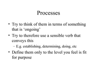 Processes Try to think of them in terms of something that is ‘ongoing’ Try to therefore use a sensible verb that conveys this E.g. establishing, determining, doing, etc Define them only to the level you feel is fit for purpose 