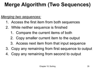Chapter 10: Sorting 35
Merge Algorithm (Two Sequences)
Merging two sequences:
1. Access the first item from both sequences
2. While neither sequence is finished
1. Compare the current items of both
2. Copy smaller current item to the output
3. Access next item from that input sequence
3. Copy any remaining from first sequence to output
4. Copy any remaining from second to output
 