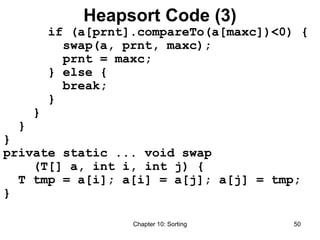 Chapter 10: Sorting 50
Heapsort Code (3)
if (a[prnt].compareTo(a[maxc])<0) {
swap(a, prnt, maxc);
prnt = maxc;
} else {
break;
}
}
}
}
private static ... void swap
(T[] a, int i, int j) {
T tmp = a[i]; a[i] = a[j]; a[j] = tmp;
}
 