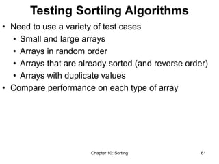 Chapter 10: Sorting 61
Testing Sortiing Algorithms
• Need to use a variety of test cases
• Small and large arrays
• Arrays in random order
• Arrays that are already sorted (and reverse order)
• Arrays with duplicate values
• Compare performance on each type of array
 