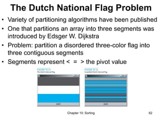 Chapter 10: Sorting 62
The Dutch National Flag Problem
• Variety of partitioning algorithms have been published
• One that partitions an array into three segments was
introduced by Edsger W. Dijkstra
• Problem: partition a disordered three-color flag into
three contiguous segments
• Segments represent < = > the pivot value
 
