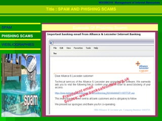 WXGB6310  Management of Internet Resources SPAM PHISHING SCAMS WEBLIOGRAPHIES Example Of Phishing Scams Title : SPAM AND PHISHING SCAMS 
