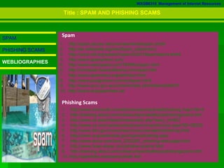 WXGB6310  Management of Internet Resources SPAM PHISHING SCAMS WEBLIOGRAPHIES Phishing Scams http://www.microsoft.com/athome/security/email/phishing.mspx?ifs=0 http://banking.about.com/od/securityandsafety/a/phishingscams.htm http://www.uh.edu/infotech/news/story.php?story_id=802 http://www.ca.com/us/securityadvisor/virusinfo/virus.aspx?ID=38328 5.  http://www.fdic.gov/consumers/consumer/alerts/phishing.html 6. http://www.onguardonline.gov/topics/phishing.aspx http://www.ehow.com/how_2003261_phishing-web-page.html http://www.hoax-slayer.com/phisher-scams.html http://banking.about.com/od/securityandsafety/a/phishingscams.htm 10. http://spamlinks.net/scams-phish.htm 1.  http://spam.abuse.net/overview/whatisspam.shtml http://en.wikipedia.org/wiki/Spam_(electronic) 3.  http://www.cdt.org/speech/spam/030319spamreport.shtml http://www.spamprimer.com/ http://www.webopedia.com/TERM/s/spam.html http://computer.howstuffworks.com/spam.htm http://www.spamhaus.org/definition.html http://www.paulgraham.com/antispam.html http://www.accc.gov.au/content/index.phtml/itemId/54073 http://www.stopspamhere.ca/ Spam Title : SPAM AND PHISHING SCAMS 