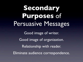 Secondary
   Purposes of
Persuasive Messages
      Good image of writer.
   Good image of organization.
     Relationship with reader.
Eliminate audience correspondence.
 
