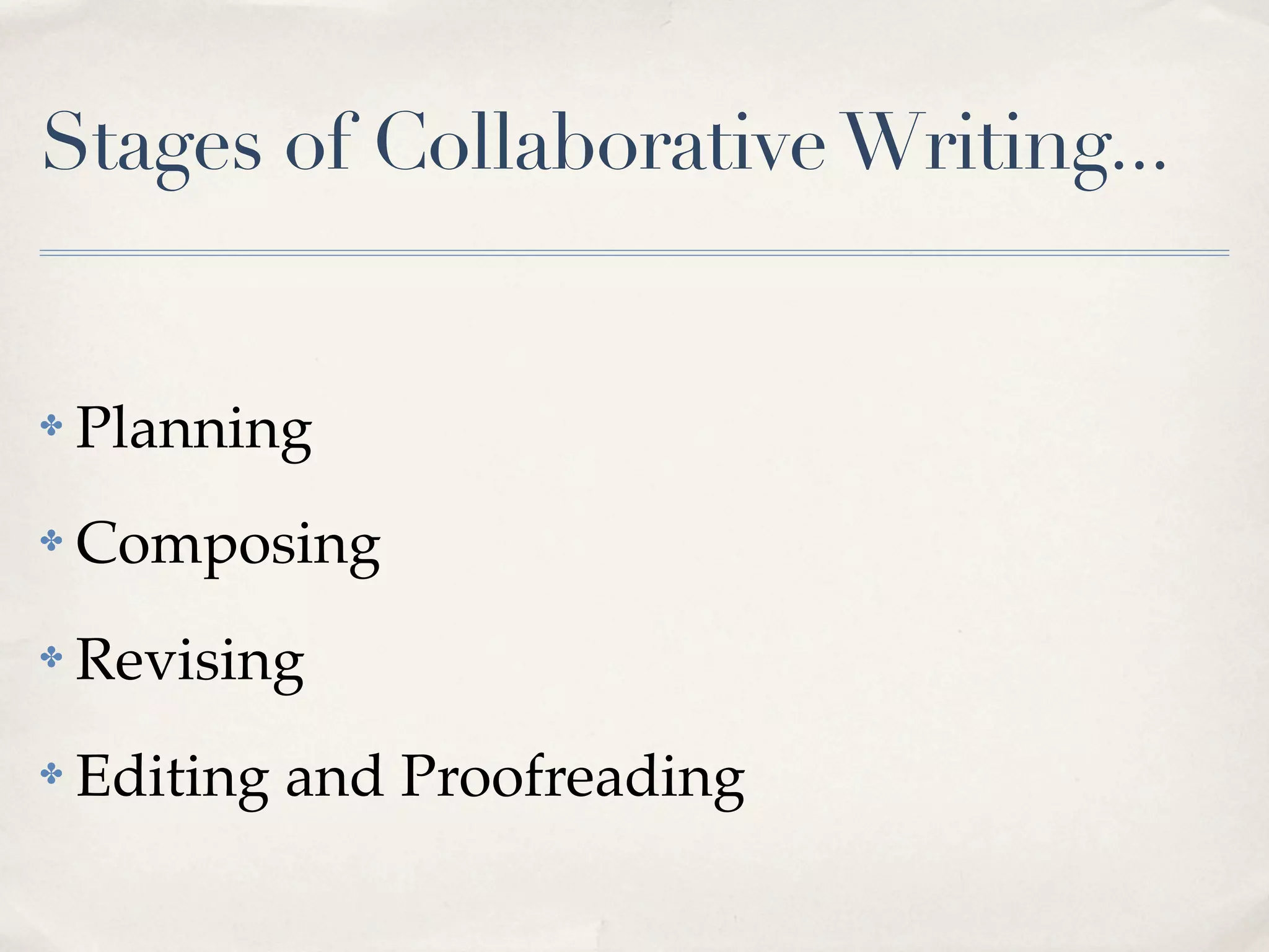 Stages of Collaborative Writing...


✤   Planning
✤   Composing
✤   Revising
✤   Editing and Proofreading
 