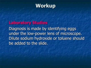Workup Laboratory Studies Diagnosis is made by identifying eggs under the low-power lens of microscope. Dilute sodium hydroxide or toluene should be added to the slide.