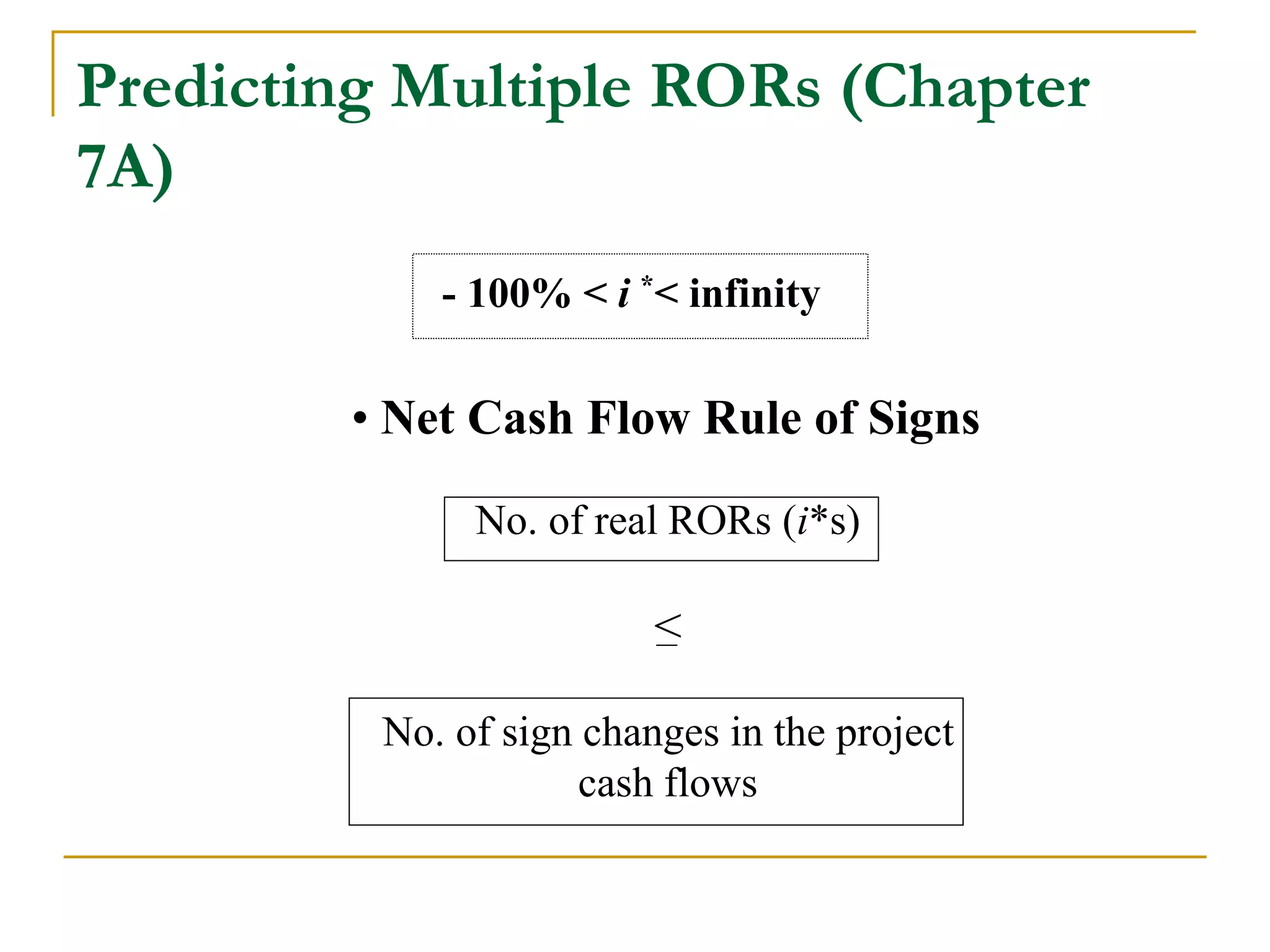 Predicting Multiple RORs (Chapter
7A)
- 100% < i *< infinity
• Net Cash Flow Rule of Signs
No. of real RORs (i*s)
<
No. of sign changes in the project
cash flows
 