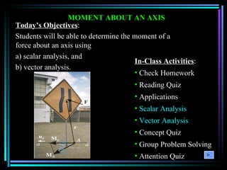 MOMENT ABOUT AN AXIS Today’s Objectives : Students will be able to determine the moment of a force about an axis using a) scalar analysis, and b) vector analysis. ,[object Object],[object Object],[object Object],[object Object],[object Object],[object Object],[object Object],[object Object],[object Object]