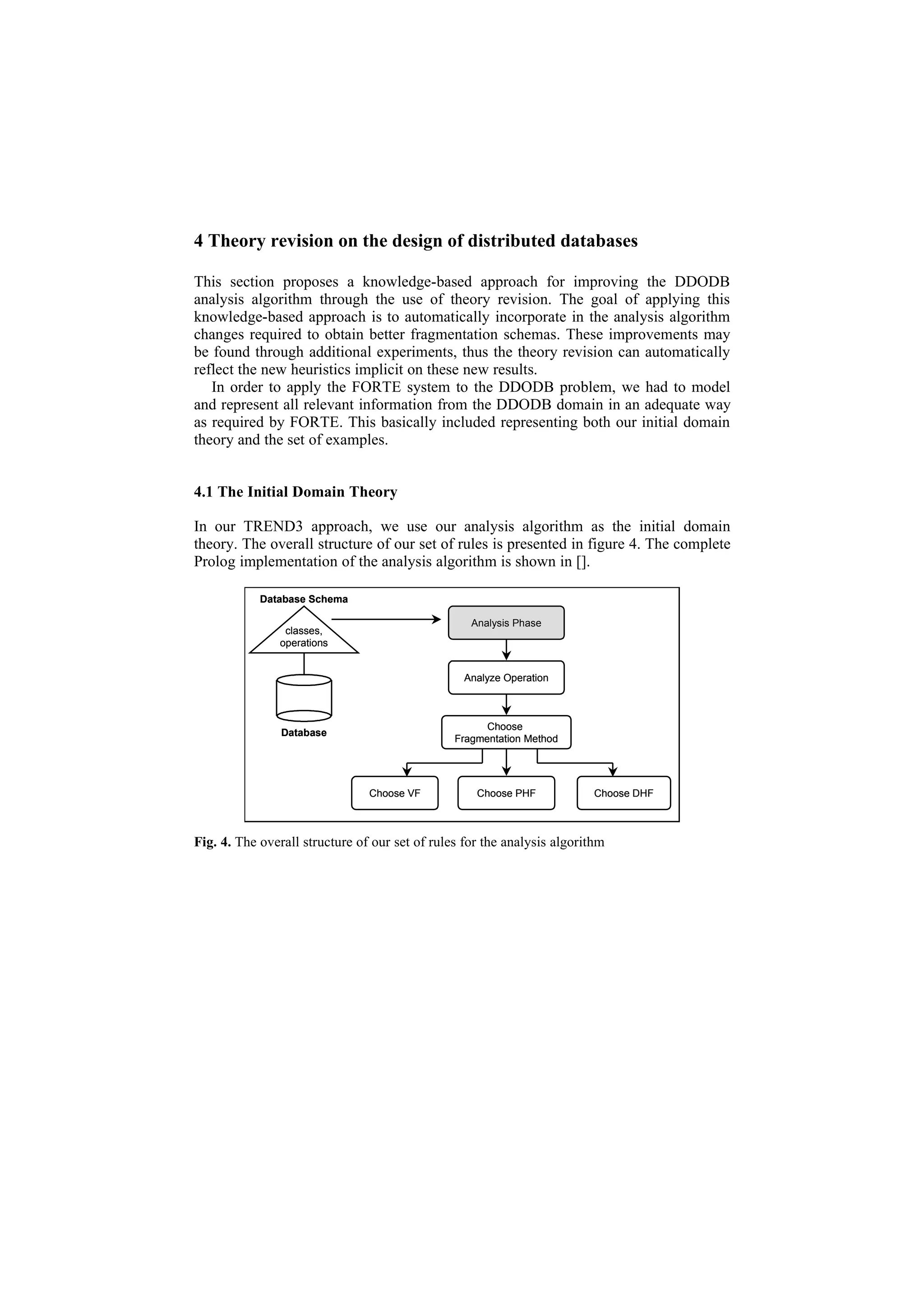 4 Theory revision on the design of distributed databases

This section proposes a knowledge-based approach for improving the DDODB
analysis algorithm through the use of theory revision. The goal of applying this
knowledge-based approach is to automatically incorporate in the analysis algorithm
changes required to obtain better fragmentation schemas. These improvements may
be found through additional experiments, thus the theory revision can automatically
reflect the new heuristics implicit on these new results.
   In order to apply the FORTE system to the DDODB problem, we had to model
and represent all relevant information from the DDODB domain in an adequate way
as required by FORTE. This basically included representing both our initial domain
theory and the set of examples.


4.1 The Initial Domain Theory

In our TREND3 approach, we use our analysis algorithm as the initial domain
theory. The overall structure of our set of rules is presented in figure 4. The complete
Prolog implementation of the analysis algorithm is shown in [].

            Database Schema

                                                   Analysis Phase
                classes,
               operations


                                                  Analyze Operation



                                                      Choose
                Database
                                                Fragmentation Method




                                Choose VF           Choose PHF            Choose DHF



Fig. 4. The overall structure of our set of rules for the analysis algorithm
 