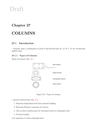 Draft
Chapter 27
COLUMNS
27.1 Introduction
1 Columns resist a combination of axial P and ﬂexural load M, (or M = Pe for eccentrically
applied load).
27.1.1 Types of Columns
Types of columns, Fig. 27.1
Tied column
Spiral column
Composite column
Pipe column
tie steel
main longitudinal steel reinforcement
Figure 27.1: Types of columns
2 Lateral reinforcement, Fig. 27.2
1. Restrains longitudinal steel from outward buckling
2. Restrains Poisson’s expansion of concrete
3. Acts as shear reinforcement for horizontal (wind  earthquake) load
4. Provide ductility
very important to resist earthquake load.
 
