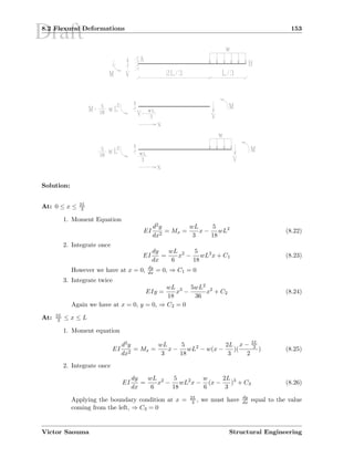 Draft8.2 Flexural Deformations 153
Solution:
At: 0 ≤ x ≤ 2L
3
1. Moment Equation
EI
d2y
dx2
= Mx =
wL
3
x −
5
18
wL2
(8.22)
2. Integrate once
EI
dy
dx
=
wL
6
x2
−
5
18
wL2
x + C1 (8.23)
However we have at x = 0, dy
dx = 0, ⇒ C1 = 0
3. Integrate twice
EIy =
wL
18
x3
−
5wL2
36
x2
+ C2 (8.24)
Again we have at x = 0, y = 0, ⇒ C2 = 0
At: 2L
3 ≤ x ≤ L
1. Moment equation
EI
d2y
dx2
= Mx =
wL
3
x −
5
18
wL2
− w(x −
2L
3
)(
x − 2L
3
2
) (8.25)
2. Integrate once
EI
dy
dx
=
wL
6
x2
−
5
18
wL2
x −
w
6
(x −
2L
3
)3
+ C3 (8.26)
Applying the boundary condition at x = 2L
3 , we must have dy
dx equal to the value
coming from the left, ⇒ C3 = 0
Victor Saouma Structural Engineering
 