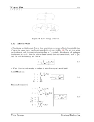Draft9.2 Real Work 173
Figure 9.2: Strain Energy Deﬁnition
9.2.2 Internal Work
9 Considering an inﬁnitesimal element from an arbitrary structure subjected to uniaxial state
of stress, the strain energy can be determined with reference to Fig. 9.2. The net force acting
on the element while deformation is taking place is P = σxdydz. The element will undergo a
displacement u = εxdx. Thus, for a linear elastic system, the strain energy density is dU = 1
2 σε.
And the total strain energy will thus be
U =
1
2 Vol
ε Eε
σ
dVol (9.7)
10 When this relation is applied to various structural members it would yield:
Axial Members:
U =
Vol
εσ
2
dVol
σ = P
A
ε = P
AE
dV = Adx



U =
L
0
P2
2AE
dx (9.8)
Torsional Members:
U = 1
2
Vol
ε Eε
σ
dVol
U = 1
2
Vol
γxy Gγxy
τxy
dVol
τxy = Tr
J
γxy =
τxy
G
dVol = rdθdrdx
J =
r
o
2π
0
r2
dθ dr



U =
L
0
T2
2GJ
dx (9.9)
Victor Saouma Structural Engineering
 