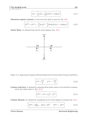 Draft11.1 Vertical Loads 231
M+
=
1
8
wL2
s = w
1
8
(0.8)2
L2
= 0.08wL2 (11.1)
Maximum negative moment at each end of the girder is given by, Fig. 33.9
Mleft
= Mrgt
= −
w
2
(0.1L)2
−
w
2
(0.8L)(0.1L) = −0.045wL2 (11.2)
Girder Shear are obtained from the free body diagram, Fig. 33.10
Vrgt
i-1 Vlft
i
Pabove
Pbelow
Figure 11.4: Approximate Analysis of Frames Subjected to Vertical Loads; Column Axial Forces
V lft
=
wL
2
V rgt
= −
wL
2
(11.3)
Column axial force is obtained by summing all the girder shears to the axial force transmit-
ted by the column above it. Fig. 33.10
Pdwn
= Pup
+ V rgt
i−1 − V lft
i (11.4)
Column Moment are obtained by considering the free body diagram of columns Fig. 33.11
Mtop
= Mbot
above − Mrgt
i−1 + Mlft
i Mbot
= −Mtop (11.5)
Victor Saouma Structural Engineering
 
