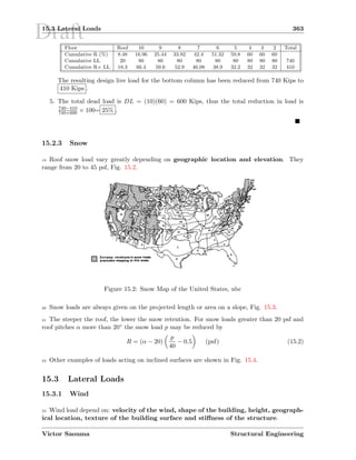 Draft15.3 Lateral Loads 363
Floor Roof 10 9 8 7 6 5 4 3 2 Total
Cumulative R (%) 8.48 16.96 25.44 33.92 42.4 51.32 59.8 60 60 60
Cumulative LL 20 80 80 80 80 80 80 80 80 80 740
Cumulative R× LL 18.3 66.4 59.6 52.9 46.08 38.9 32.2 32 32 32 410
The resulting design live load for the bottom column has been reduced from 740 Kips to
410 Kips .
5. The total dead load is DL = (10)(60) = 600 Kips, thus the total reduction in load is
740−410
740+600 × 100= 25% .
15.2.3 Snow
19 Roof snow load vary greatly depending on geographic location and elevation. They
range from 20 to 45 psf, Fig. 15.2.
Figure 15.2: Snow Map of the United States, ubc
20 Snow loads are always given on the projected length or area on a slope, Fig. 15.3.
21 The steeper the roof, the lower the snow retention. For snow loads greater than 20 psf and
roof pitches α more than 20◦ the snow load p may be reduced by
R = (α − 20)
p
40
− 0.5 (psf) (15.2)
22 Other examples of loads acting on inclined surfaces are shown in Fig. 15.4.
15.3 Lateral Loads
15.3.1 Wind
23 Wind load depend on: velocity of the wind, shape of the building, height, geograph-
ical location, texture of the building surface and stiﬀness of the structure.
Victor Saouma Structural Engineering
 