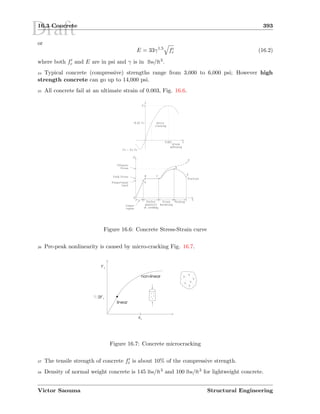 Draft16.3 Concrete 393
or
E = 33γ1.5
fc (16.2)
where both fc and E are in psi and γ is in lbs/ft3.
24 Typical concrete (compressive) strengths range from 3,000 to 6,000 psi; However high
strength concrete can go up to 14,000 psi.
25 All concrete fail at an ultimate strain of 0.003, Fig. 16.6.
Figure 16.6: Concrete Stress-Strain curve
26 Pre-peak nonlinearity is caused by micro-cracking Fig. 16.7.
εu
f’c
.5f’c
linear
non-linear
Figure 16.7: Concrete microcracking
27 The tensile strength of concrete ft is about 10% of the compressive strength.
28 Density of normal weight concrete is 145 lbs/ft3 and 100 lbs/ft3 for lightweight concrete.
Victor Saouma Structural Engineering
 