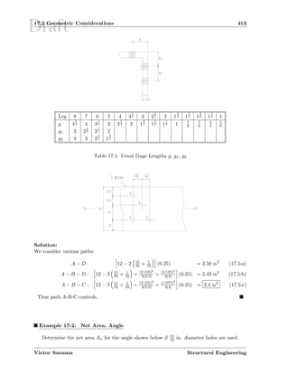 Draft17.2 Geometric Considerations 413
Leg 8 7 6 5 4 3
1
2 3 2
1
2 2 1
3
4 1
1
2 1
3
8 1
1
4 1
g 4
1
2 4 3
1
2 3 2
1
2 2 1
3
4 1
3
8 1
1
8 1 7
8
7
8
3
4
5
8
g1 3 2
1
2 2
1
4 2
g2 3 3 2
1
2 1
3
4
Table 17.1: Usual Gage Lengths g, g1, g2
Solution:
We consider various paths:
A − D : 12 − 2 15
16 + 1
16 (0.25) = 2.50 in2
(17.5-a)
A − B − D : 12 − 3 15
16 + 1
16 + (2.125)2
4(2.5) + (2.125)2
4(4) (0.25) = 2.43 in2
(17.5-b)
A − B − C : 12 − 3 15
16 + 1
16 + (2.125)2
4(2.5) + (1.875)2
4(4) (0.25) = 2.4 in2 (17.5-c)
Thus path A-B-C controls.
Example 17-2: Net Area, Angle
Determine the net area An for the angle shown below if 15
16 in. diameter holes are used.
Victor Saouma Structural Engineering
 