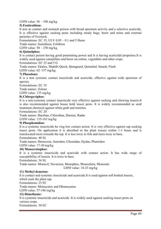 Page 49
LD50 value: 56 – 108 mg/kg.
5) Fenitrothion:
It acts as contact and stomach poison with broad spectrum activity and a selective acaricide.
It is effective against sucking pests including mealy bugs, borer and mites and external
parasites of livestock.
Formulations: EC 35, ULV 0.05 – 0.1 and 5 Dusts
Trade names: Sumithion, Folithion
LD50 value: 50 – 250 mg/kg.
6) Quinolphos:
It is contact poison having good penetrating power and It is having acaricidal properties.It is
widely used against caterpillars and borer on cotton, vegetables and other crops.
Formulations: EC 25 and 5 G
Trade names: Ekalux, Shakthi Quick, Quinguard, Quinaltaf, Smash, Flash
LD50 value: 62–137 mg/kg.
7) Phosolone:
It is a non systemic contact insecticide and acaricide, effective against wide spectrum of
species.
Formulations: EC 35
Trade names: Zolone
LD50 value: 135 mg/kg
8) Chlorpyriphos:
It is a non-systemic contact insecticide very effective against sucking and chewing insects.It
is also recommended against house hold insect pests. It is widely recommended as seed
treatment chemical against white grub and termites.
Formulations: EC 20
Trade names: Dursban, Chloroban, Durmet, Radar
LD50 value: 135-163 mg/kg
9) Phosphomidon:
It is a systemic insecticide ha ving low contact action. It is very effective against sap sucking
insect pests. On application it is absorbed in the plant tissues within 1-3 hours and is
translocated more towards the top. It is less toxic to fish and more toxic to bees.
Formulations: 40 SL
Trade names: Demecron, Sumidon, Chemidan, Hydan, Phamidon
LD50 value: 17-30 mg/kg
10) Monocrotophos:
It is a systemic insecticide and acaricide with contact action. It has wide range of
susceptibility of insects. It is toxic to bees.
Formulations: 36 SL
Trade names: Monocil, Nuvacron, Monophos, Monochem, Monostar
LD50 value: 14-23 mg/kg
11) Methyl demeton:
It is contact and systemic insecticide and acaricide.It is used against soft bodied insects,
which suck the plant sap.
Formulations: 25 EC
Trade names: Metasystox and Dhanusyatax
LD50 value: 57-106 mg/kg
12) Dimethoate:
It is systemic insecticide and acaricide .It is widely used against sucking insect pests on
various crops.
Formulations: 30 EC
 