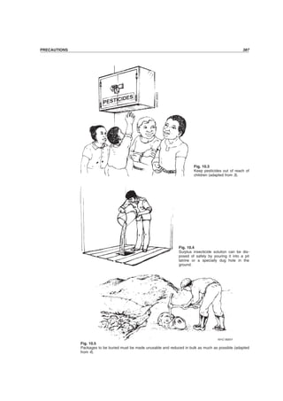 PRECAUTIONS 387
Fig. 10.3
Keep pesticides out of reach of
children (adapted from 3).
Fig. 10.5
Packages to be buried must be made unusable and reduced in bulk as much as possible (adapted
from 4).
Fig. 10.4
Surplus insecticide solution can be dis-
posed of safely by pouring it into a pit
latrine or a specially dug hole in the
ground.
PRECAUTIONS 387
 