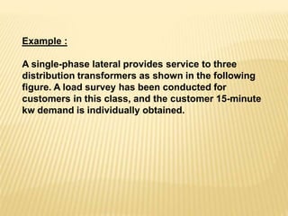 Example :
A single-phase lateral provides service to three
distribution transformers as shown in the following
figure. A load survey has been conducted for
customers in this class, and the customer 15-minute
kw demand is individually obtained.
 