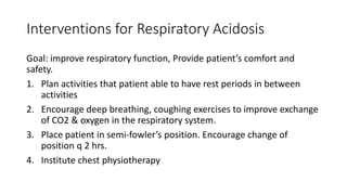 Interventions for Respiratory Acidosis
Goal: improve respiratory function, Provide patient’s comfort and
safety.
1. Plan a...