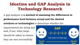 A gap analysis is a method of assessing the differences in
performance level between actual and the desired
artefacts or technologies to determine whether the
requirements are being met
Ideation and GAP Analysis in
Technology Research
and, if not, what steps
should be taken to ensure
they are met successfully
 