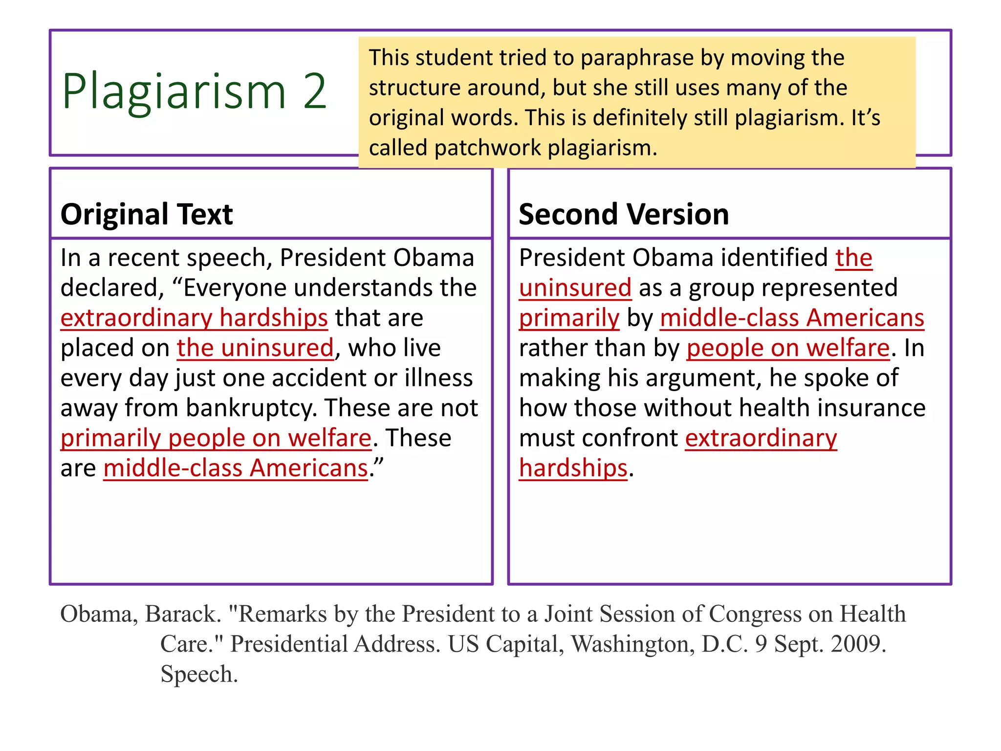 Plagiarism 2
Original Text
In a recent speech, President Obama
declared, “Everyone understands the
extraordinary hardships that are
placed on the uninsured, who live
every day just one accident or illness
away from bankruptcy. These are not
primarily people on welfare. These
are middle-class Americans.”
Second Version
President Obama identified the
uninsured as a group represented
primarily by middle-class Americans
rather than by people on welfare. In
making his argument, he spoke of
how those without health insurance
must confront extraordinary
hardships.
Obama, Barack. "Remarks by the President to a Joint Session of Congress on Health
Care." Presidential Address. US Capital, Washington, D.C. 9 Sept. 2009.
Speech.
This student tried to paraphrase by moving the
structure around, but she still uses many of the
original words. This is definitely still plagiarism. It’s
called patchwork plagiarism.
 