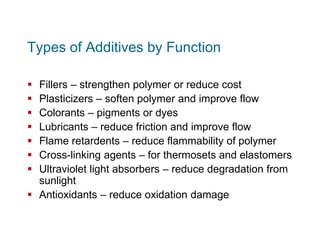 Types of Additives by Function
 Fillers – strengthen polymer or reduce cost
 Plasticizers – soften polymer and improve f...