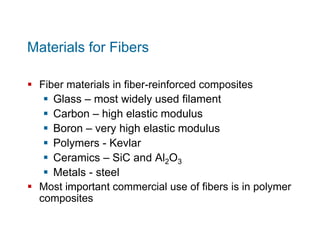 Materials for Fibers
 Fiber materials in fiber-reinforced composites
 Glass – most widely used filament
 Carbon – high ...