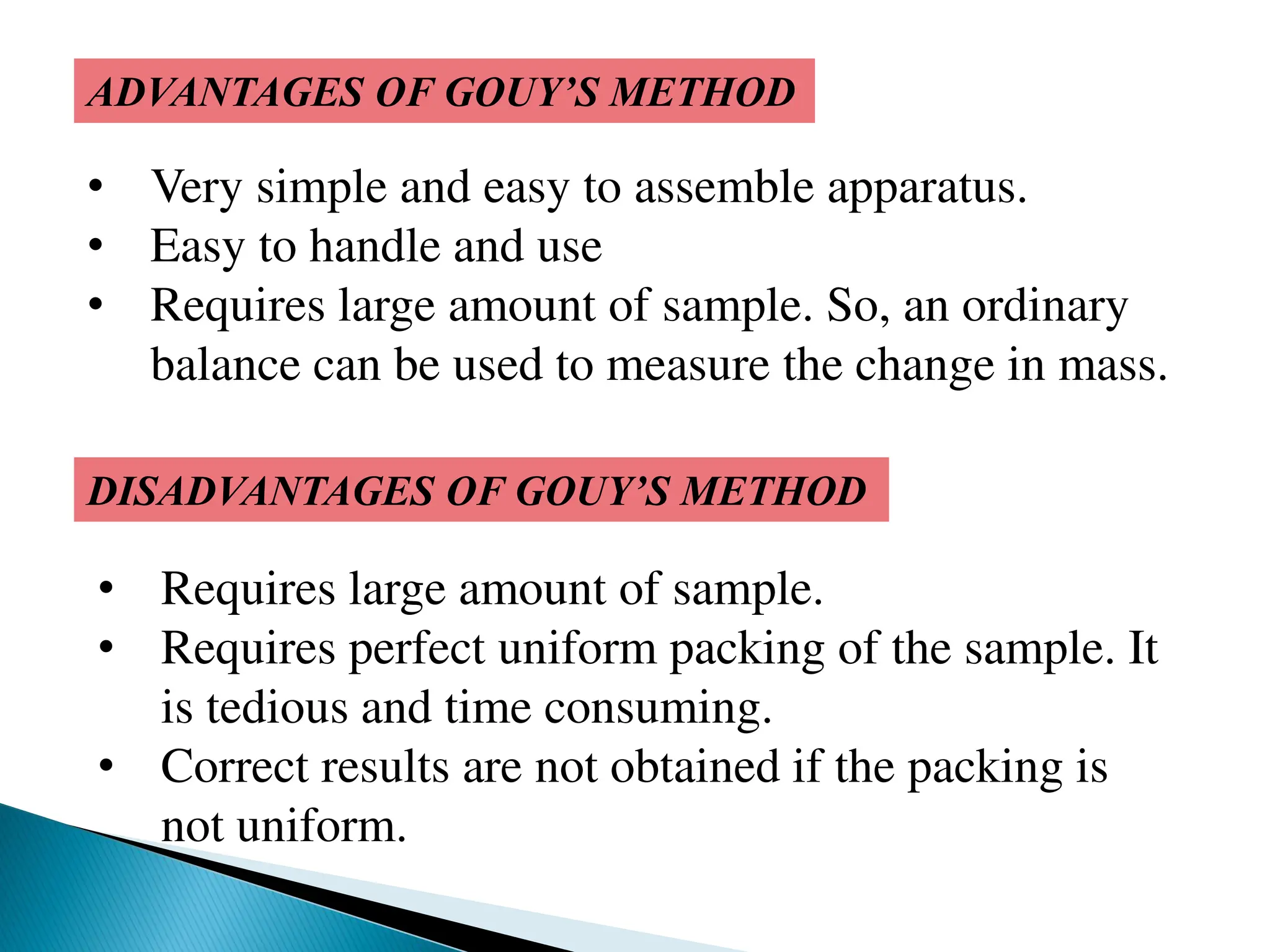 ADVANTAGES OF GOUY’S METHOD
• Very simple and easy to assemble apparatus.
• Easy to handle and use
• Requires large amount of sample. So, an ordinary
balance can be used to measure the change in mass.
DISADVANTAGES OF GOUY’S METHOD
• Requires large amount of sample.
• Requires perfect uniform packing of the sample. It
is tedious and time consuming.
• Correct results are not obtained if the packing is
not uniform.
 