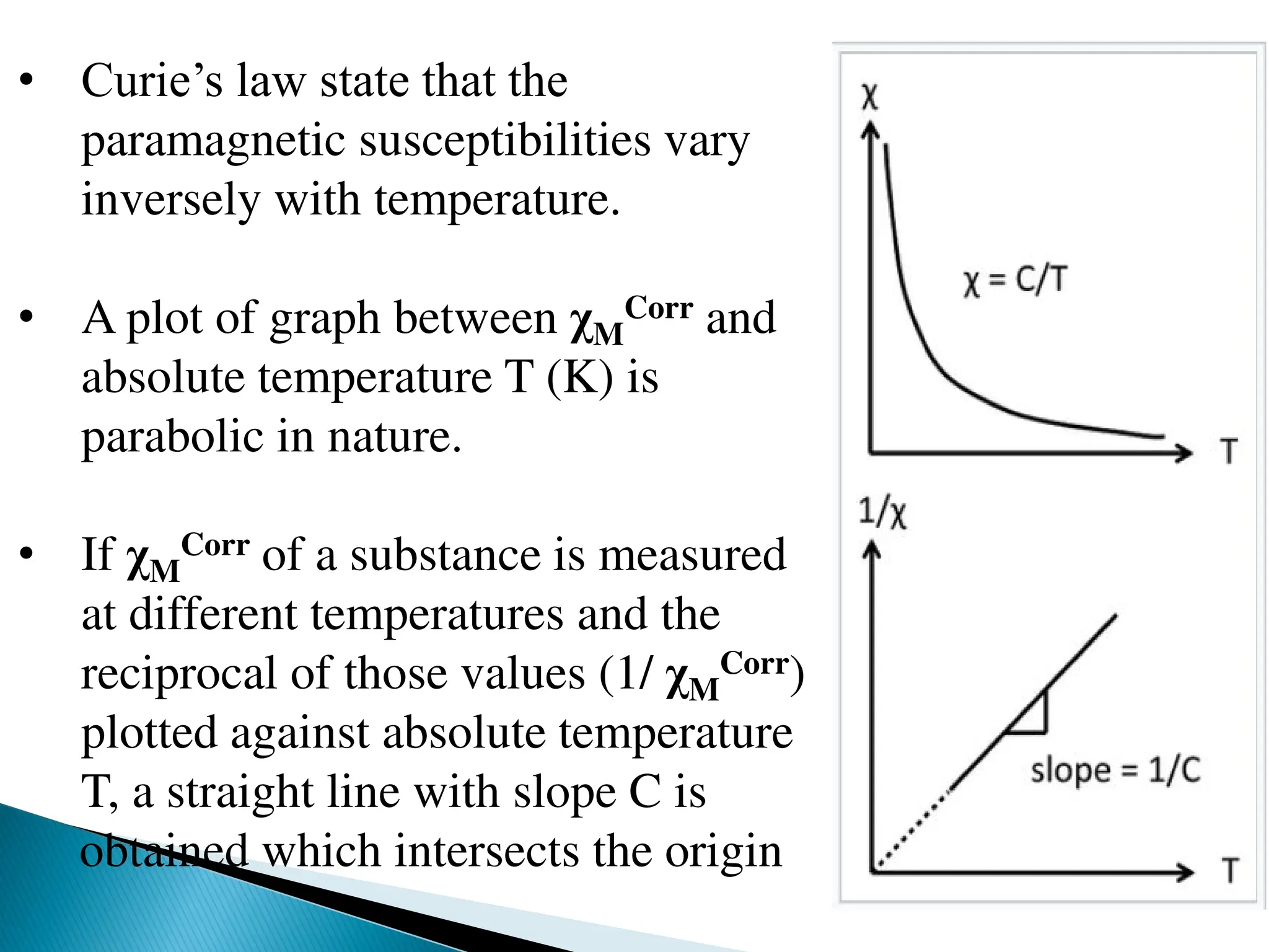 • Curie’s law state that the
paramagnetic susceptibilities vary
inversely with temperature.
• A plot of graph between χM
Corr and
absolute temperature T (K) is
parabolic in nature.
• If χM
Corr of a substance is measured
at different temperatures and the
reciprocal of those values (1/ χM
Corr)
plotted against absolute temperature
T, a straight line with slope C is
obtained which intersects the origin
 