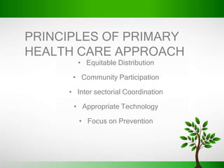 PRINCIPLES OF PRIMARY
HEALTH CARE APPROACH
• Equitable Distribution
• Community Participation
• Inter sectorial Coordination
• Appropriate Technology
• Focus on Prevention
 