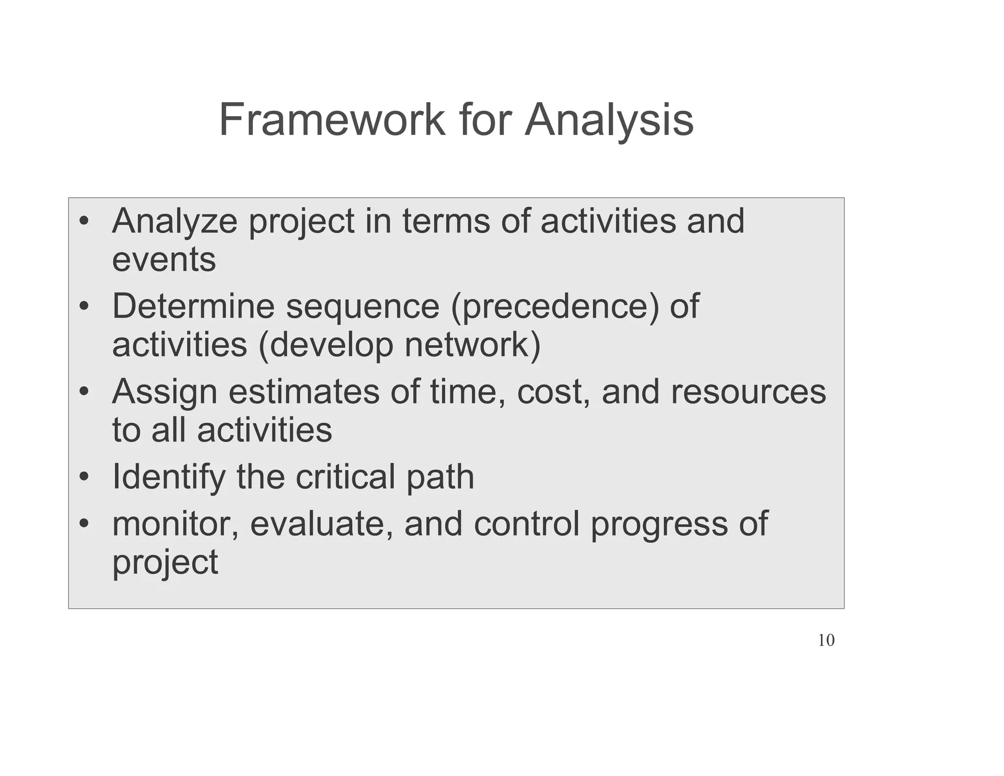 10
Framework for Analysis
Analyze project in terms of activities and
events
Determine sequence (precedence) of
activities (develop network)
Assign estimates of time, cost, and resources
to all activities
Identify the critical path
monitor, evaluate, and control progress of
project
 