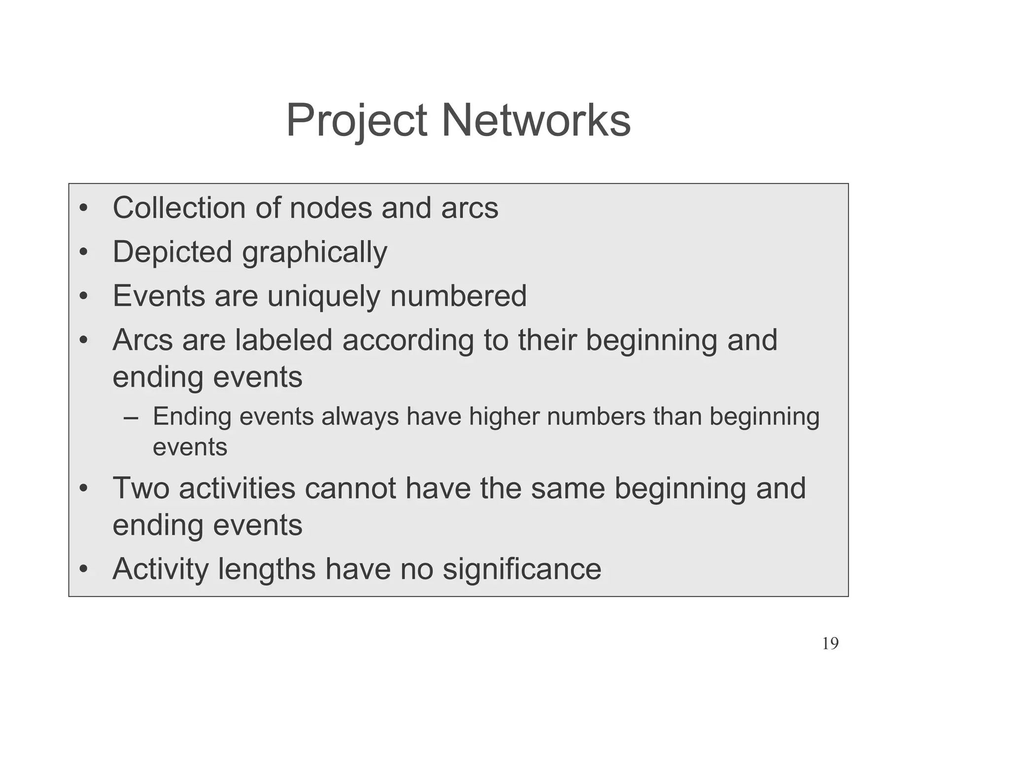 19
Project Networks
Collection of nodes and arcs
Depicted graphically
Events are uniquely numbered
Arcs are labeled according to their beginning and
ending events
Ending events always have higher numbers than beginning
events
Two activities cannot have the same beginning and
ending events
Activity lengths have no significance
 