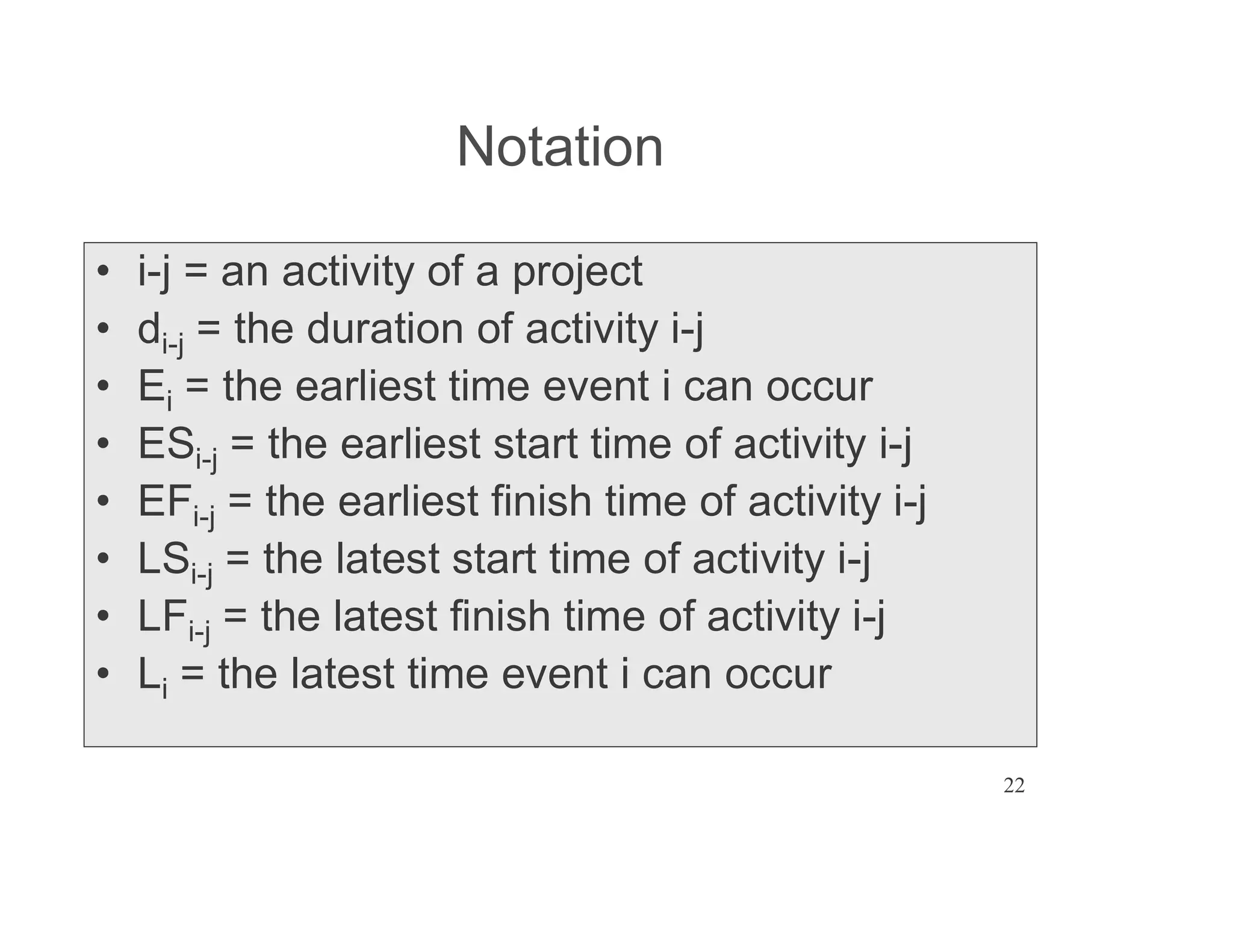 22
Notation
i-j = an activity of a project
di-j = the duration of activity i-j
Ei = the earliest time event i can occur
ESi-j = the earliest start time of activity i-j
EFi-j = the earliest finish time of activity i-j
LSi-j = the latest start time of activity i-j
LFi-j = the latest finish time of activity i-j
Li = the latest time event i can occur
 