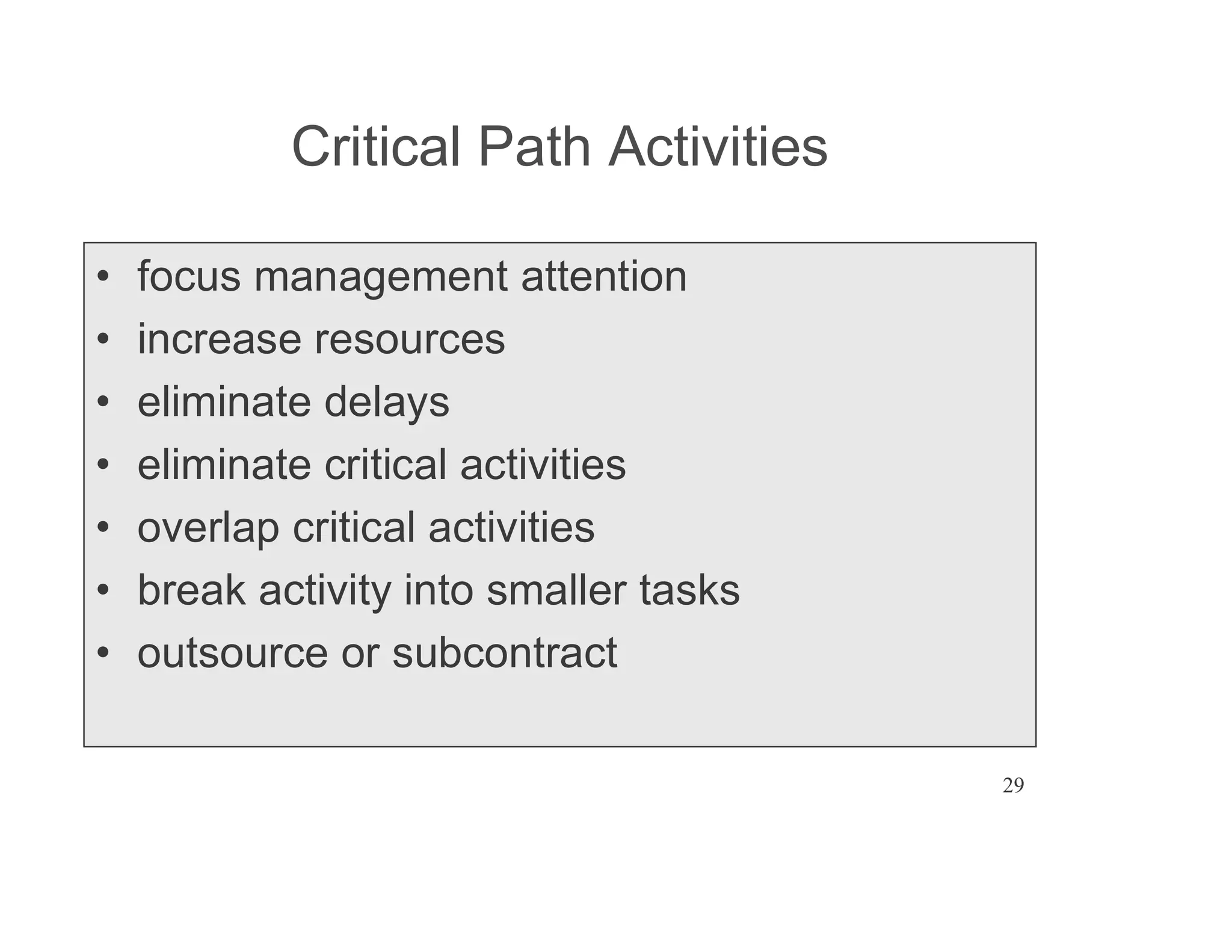29
Critical Path Activities
focus management attention
increase resources
eliminate delays
eliminate critical activities
overlap critical activities
break activity into smaller tasks
outsource or subcontract
 