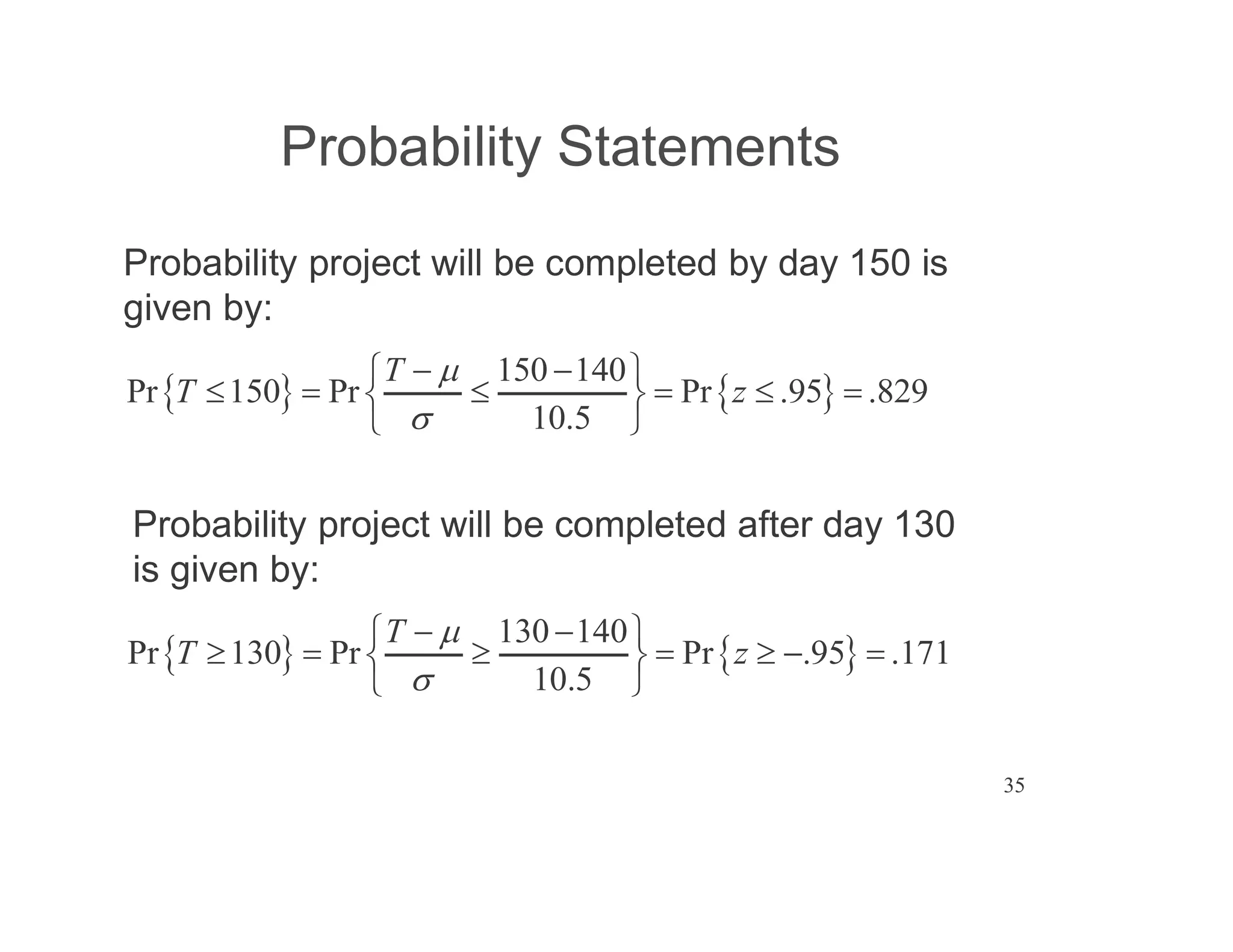 35
Probability Statements
Probability project will be completed by day 150 is
given by:
150 140
Pr 150 Pr Pr .95 .829
10.5
T
T z
Probability project will be completed after day 130
is given by:
130 140
Pr 130 Pr Pr .95 .171
10.5
T
T z
 