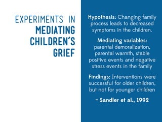 Hypothesis: Changing family
Experiments in    process leads to decreased
    Mediating      symptoms in the children.
                     Mediating variables:
   Children’s      parental demoralization,
        Grief      parental warmth, stable
                 positive events and negative
                  stress events in the family
                 Findings: Interventions were
                 successful for older children,
                 but not for younger children
                    – Sandler et al., 1992
 