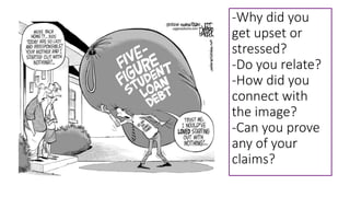 -Why did you
get upset or
stressed?
-Do you relate?
-How did you
connect with
the image?
-Can you prove
any of your
claims?
 